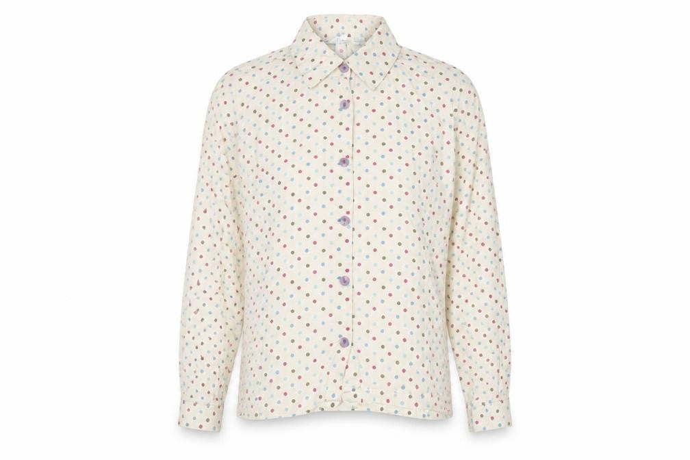 Front view of Tulchan women’s ivory polka dot cotton basic button-up, size UK 12, collared