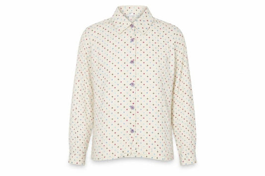 Front view of Tulchan women’s ivory polka dot cotton basic button-up, size UK 12, collared