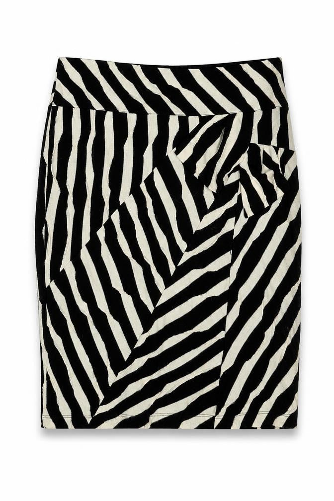 Front view of Per Una women’s black geometric polyester a-line skirt, size UK 12, zip