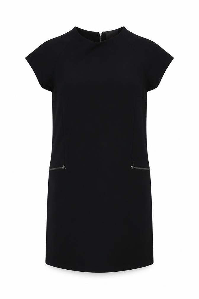 Front view of Dress women’s black polyester shift, size UK 8, boat neck zip