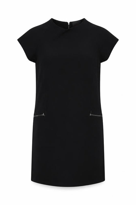 Front view of Dress women’s black polyester shift, size UK 8, boat neck zip