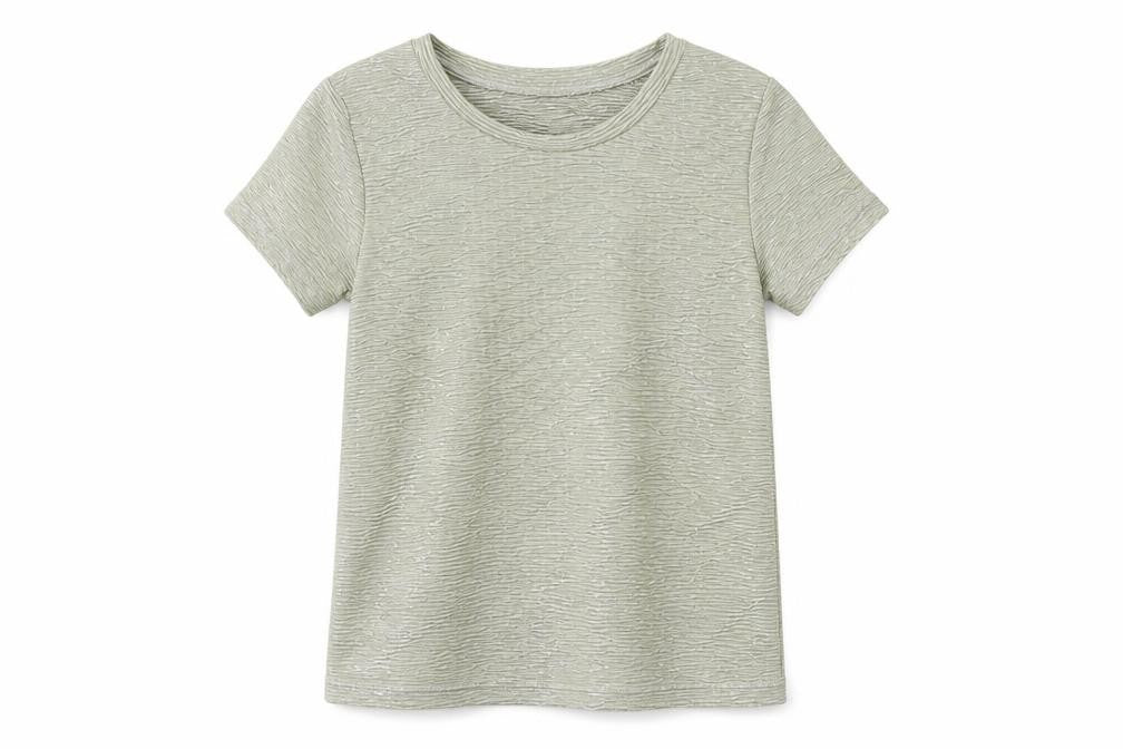 Front view of John Lewis girls’ gold polyester basic t-shirt, size 6, years round neck pullover - textured