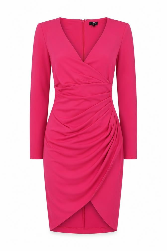 Front view of NBD women’s pink polyester sheath, size XS, v-neck zip - wrap style