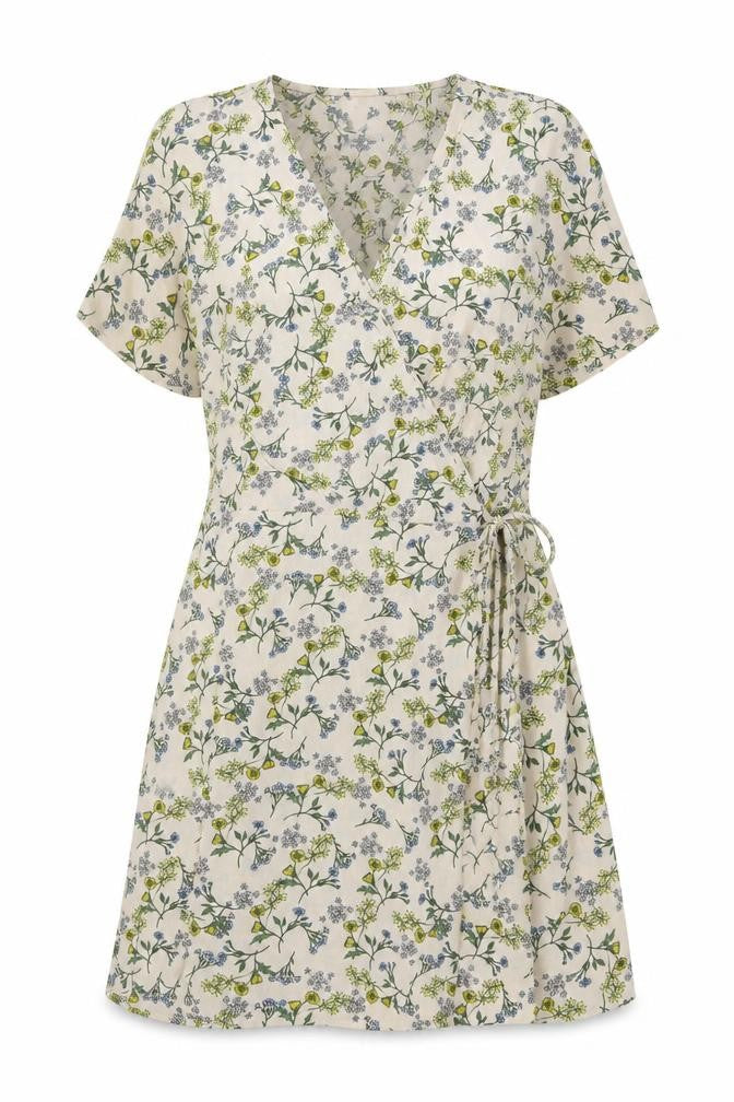 New Look Womens Beige Floral Polyester A-Line Size 8 V-Neck Tie - Wrap Style