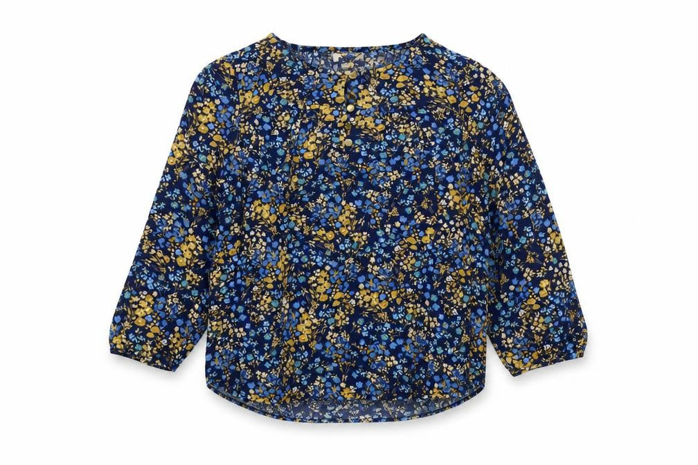 Front view of S'John's Bay women’s blue floral viscose basic blouse, size S, round neck