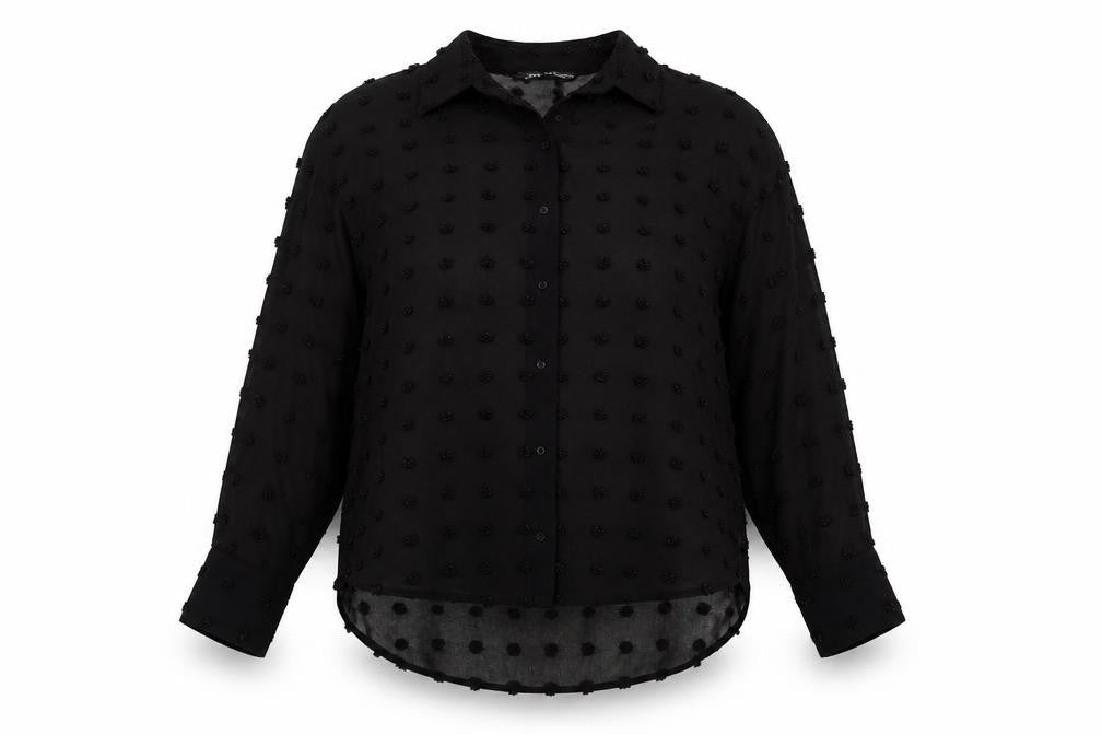 Front view of Zara women’s black polyester basic button-up, size XS, collared