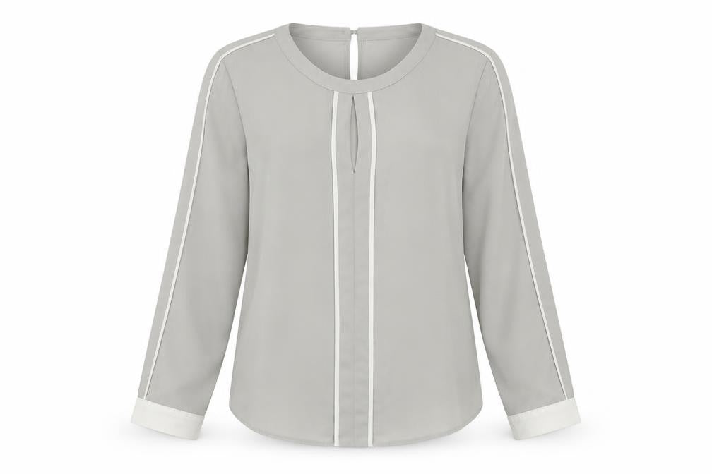 Front view of Dorothy Perkins women’s grey polyester basic blouse, size UK 12, round neck