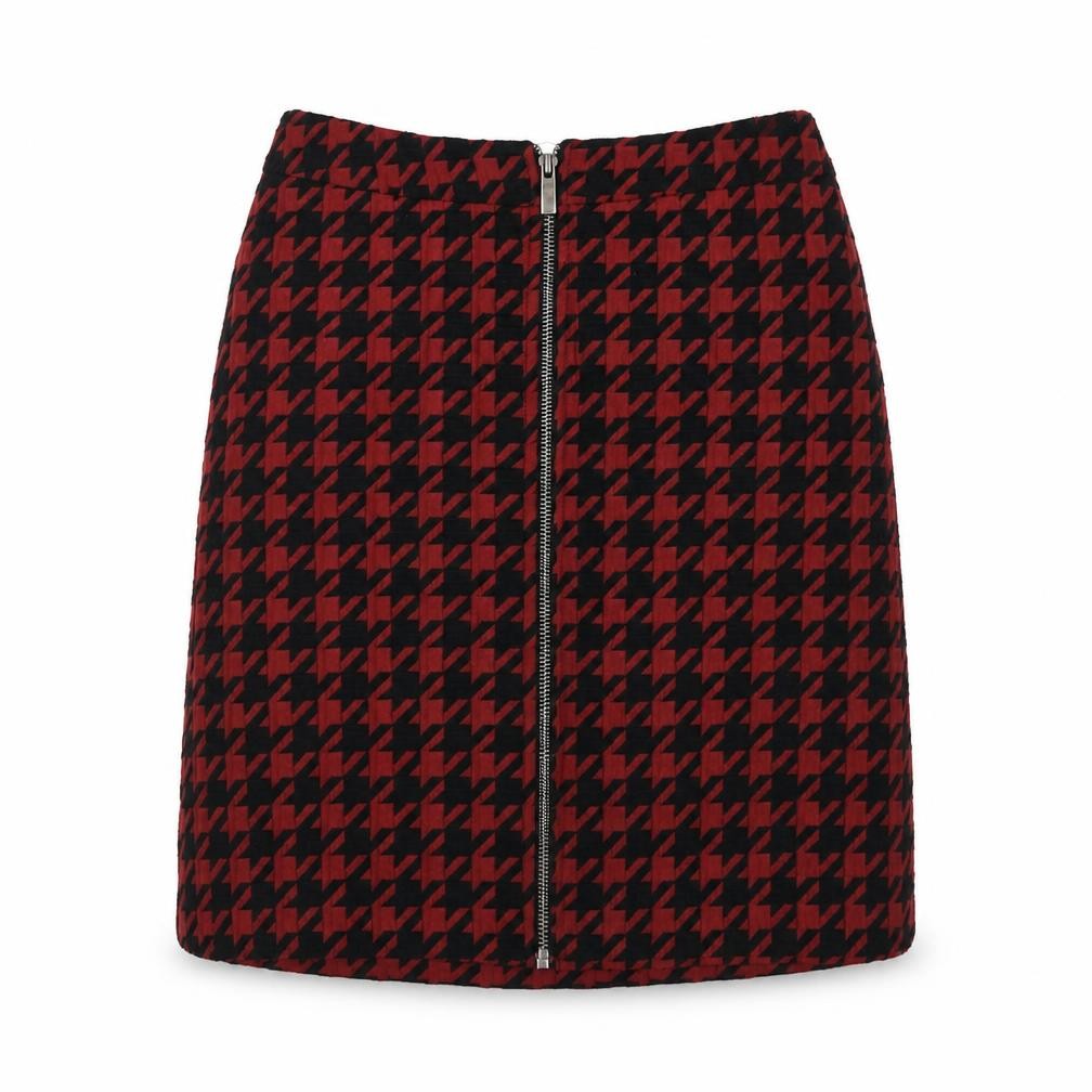 Front view of Next women’s red geometric polyester a-line skirt, size UK 8, zip