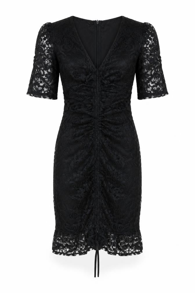 Front view of PRETTYLITTLETHING women’s black polyester bodycon, size UK 6, v-neck zip