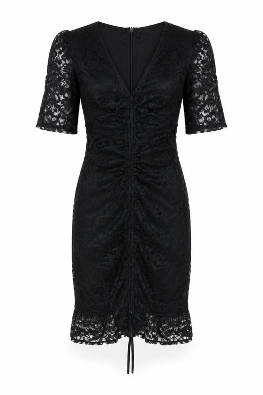 Front view of PRETTYLITTLETHING women’s black polyester bodycon, size UK 6, v-neck zip