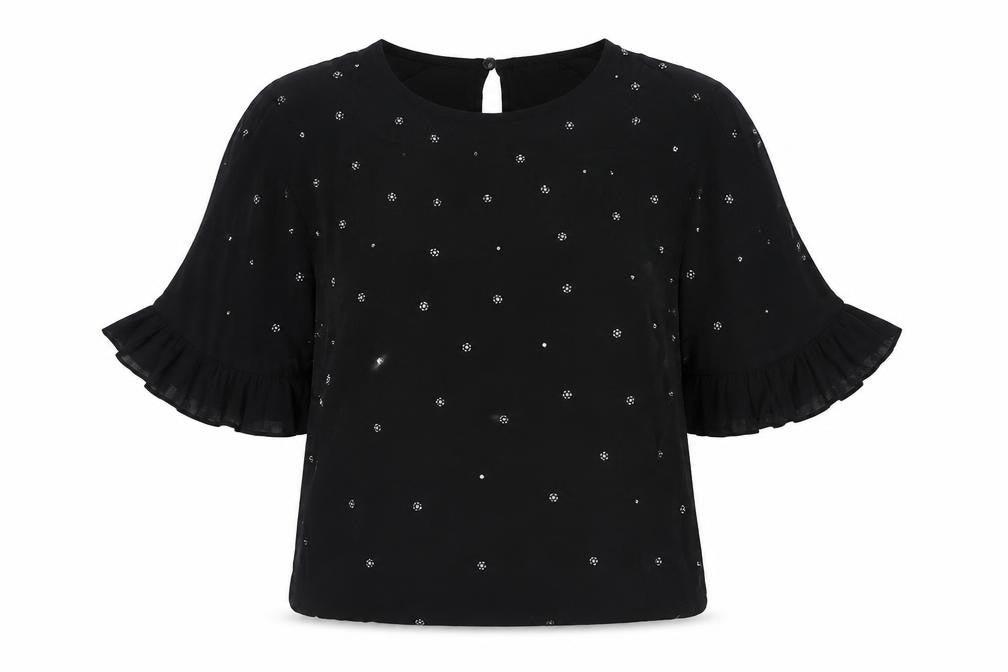 Front view of River Island women’s black viscose basic blouse, size UK 10, round neck