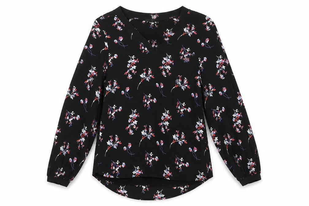 Front view of Autograph women’s black floral cupro basic blouse, size UK 6, v-neck