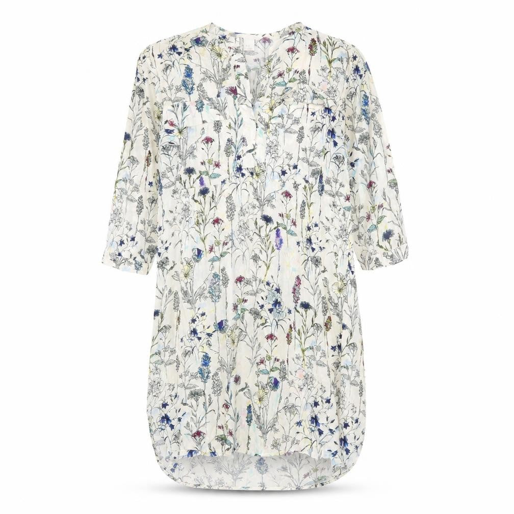 Front view of H&M women’s beige floral viscose sheath, size UK 8, v-neck button