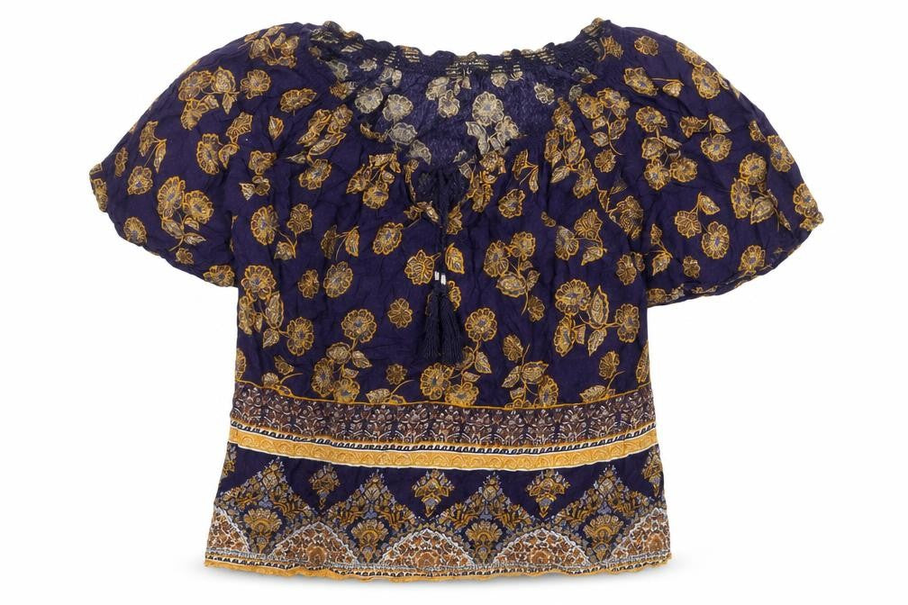 Front view of New Look women’s blue geometric 100% cotton basic blouse, size UK 6, v-neck - leaf print