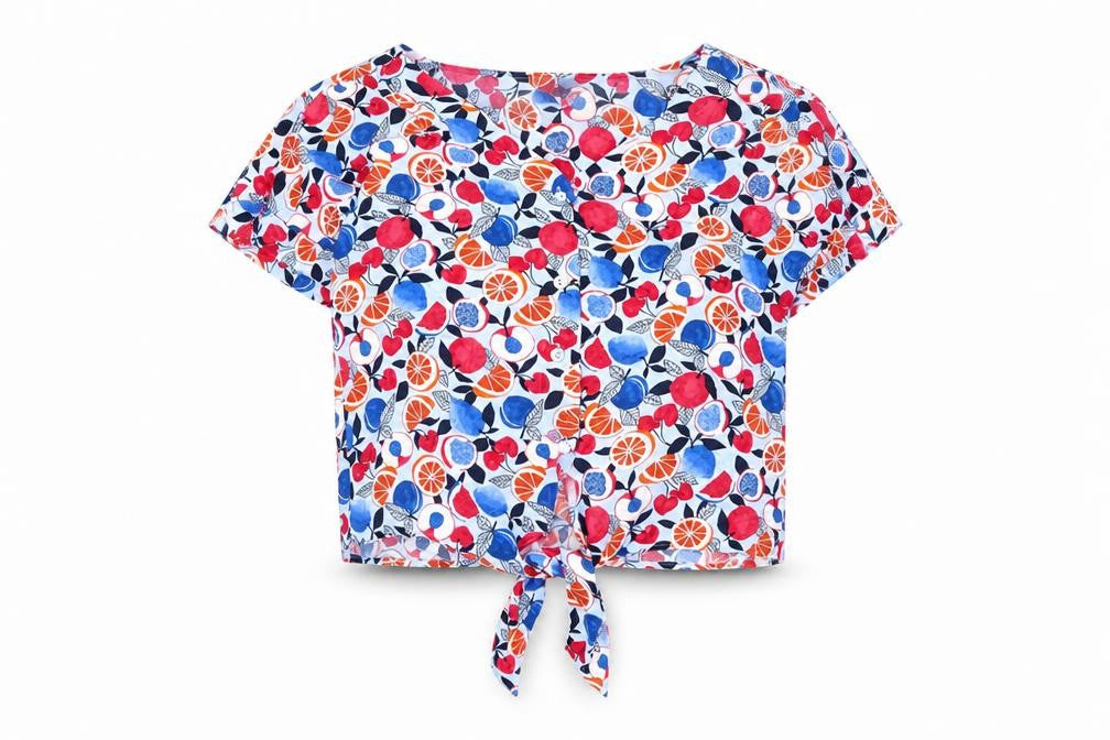 Front view of Marks & Spencer women’s multicoloured geometric viscose basic button-up, size UK 8, v-neck - knot front