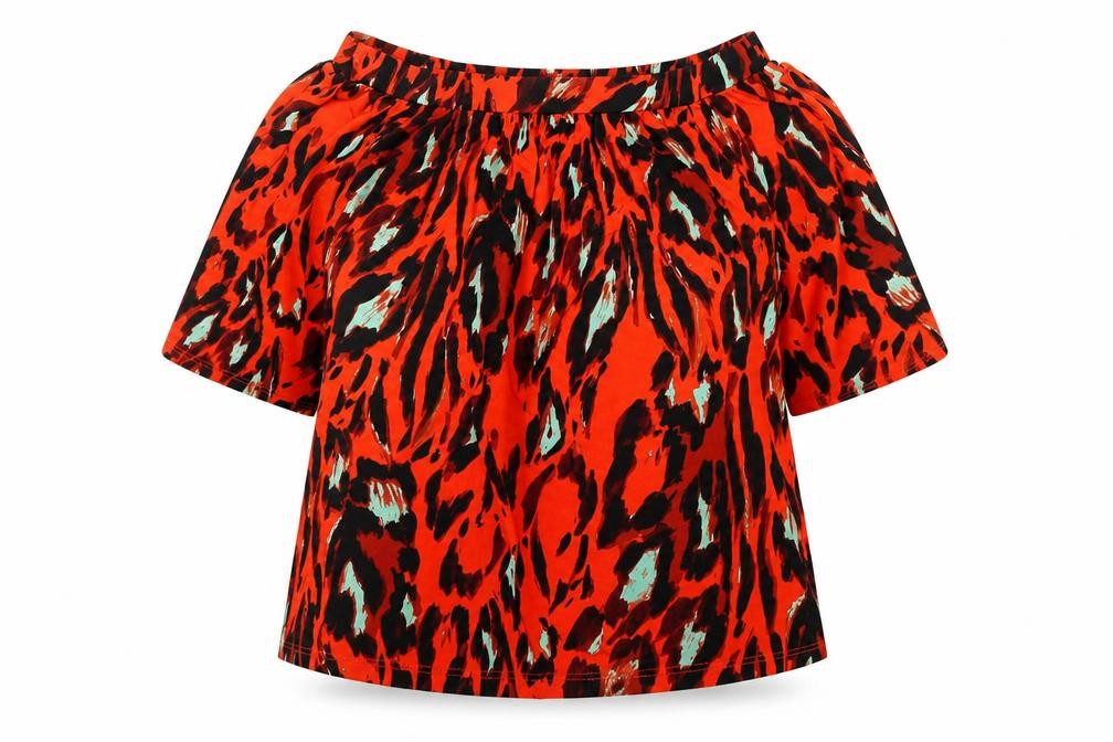 Front view of Very women’s orange animal print polyester basic blouse, size UK 14, off the shoulder - leopard pattern