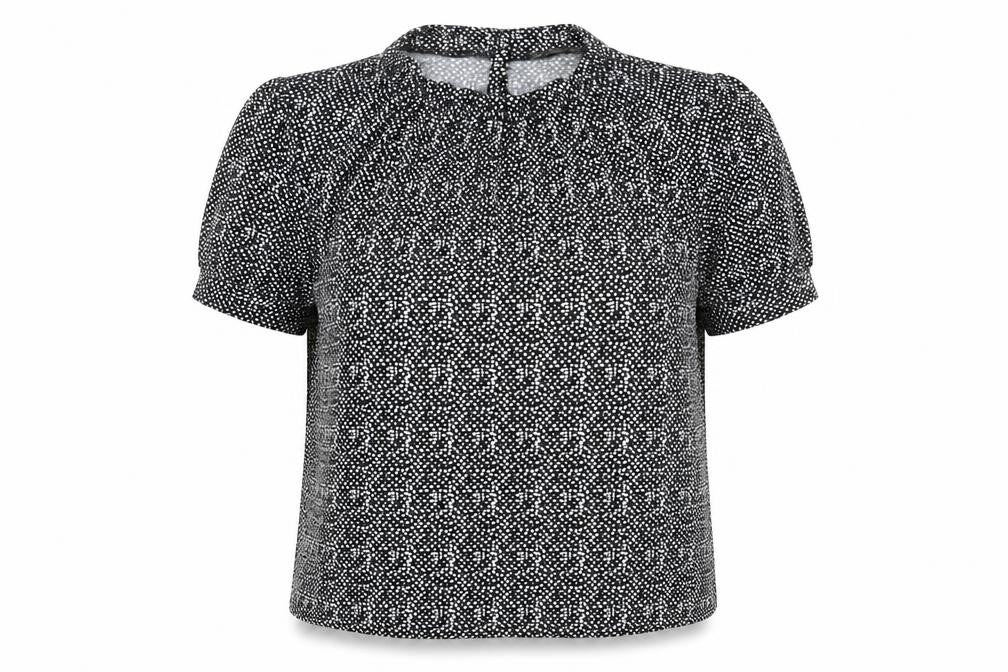 Front view of Adrianna Papell women’s black geometric polyester basic blouse, size M, round neck