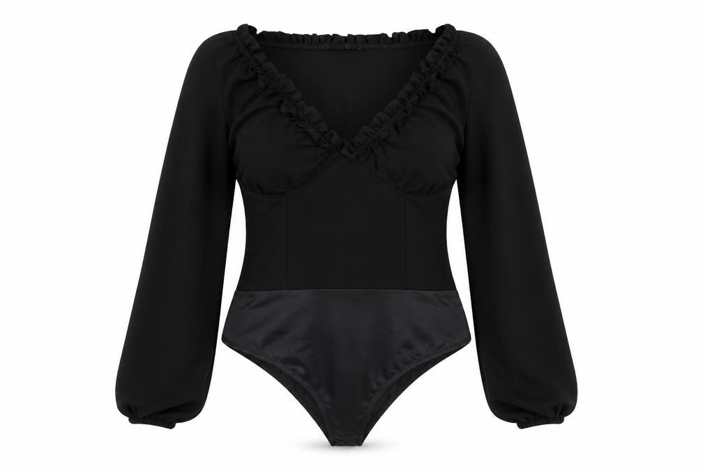 Front view of PRETTYLITTLETHING women’s black polyester bodysuit one-piece, size M, zip