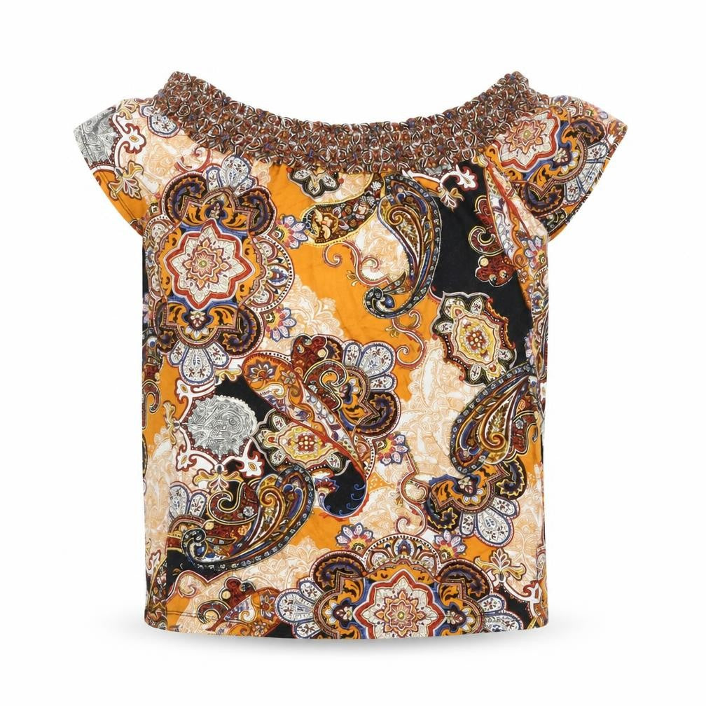 Front view of Dorothy Perkins women’s multicoloured geometric viscose basic blouse, size UK 10, off the shoulder