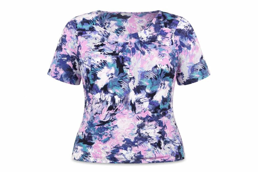 Front view of Marks & Spencer women’s multicoloured geometric viscose basic t-shirt, size UK 8, round neck