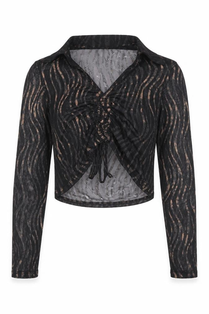 Front view of Bershka women’s black polyester basic blouse, size M, collared