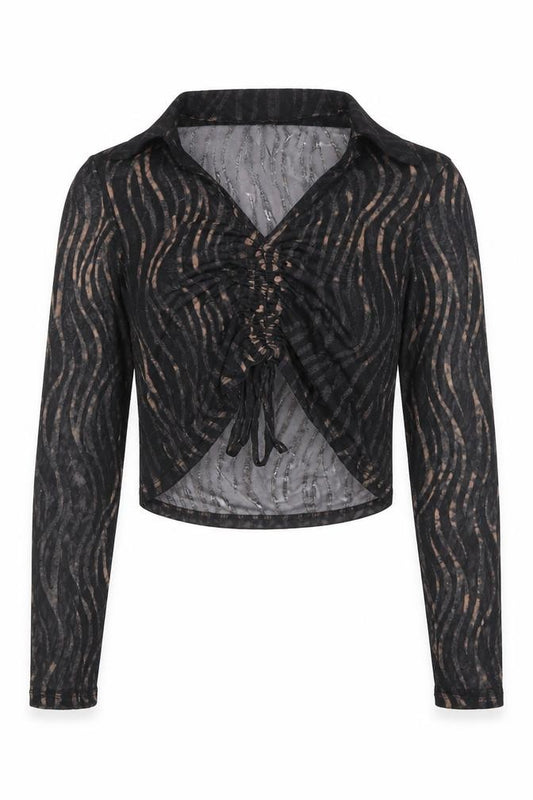 Front view of Bershka women’s black polyester basic blouse, size M, collared
