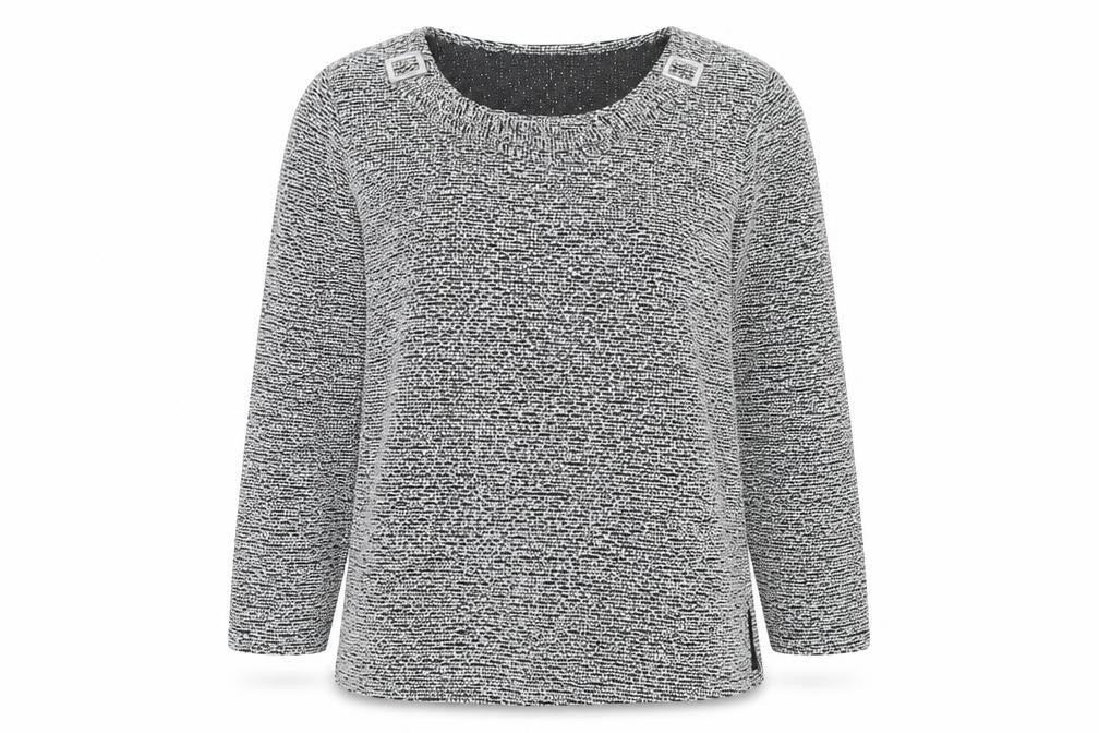 Front view of Charlotte Gold women’s grey boat neck polyester jumper, size UK 22