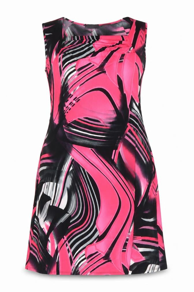 Front view of Saloos women’s pink geometric polyester a-line, size L, square neck pullover