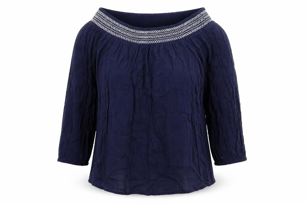 Front view of Gap women’s blue viscose basic blouse, size S, off the shoulder