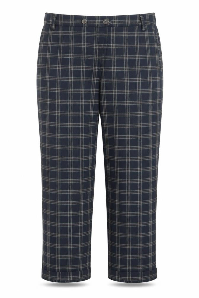 Front view of Next women’s black plaid polyester trousers, size UK 42, in regular zip