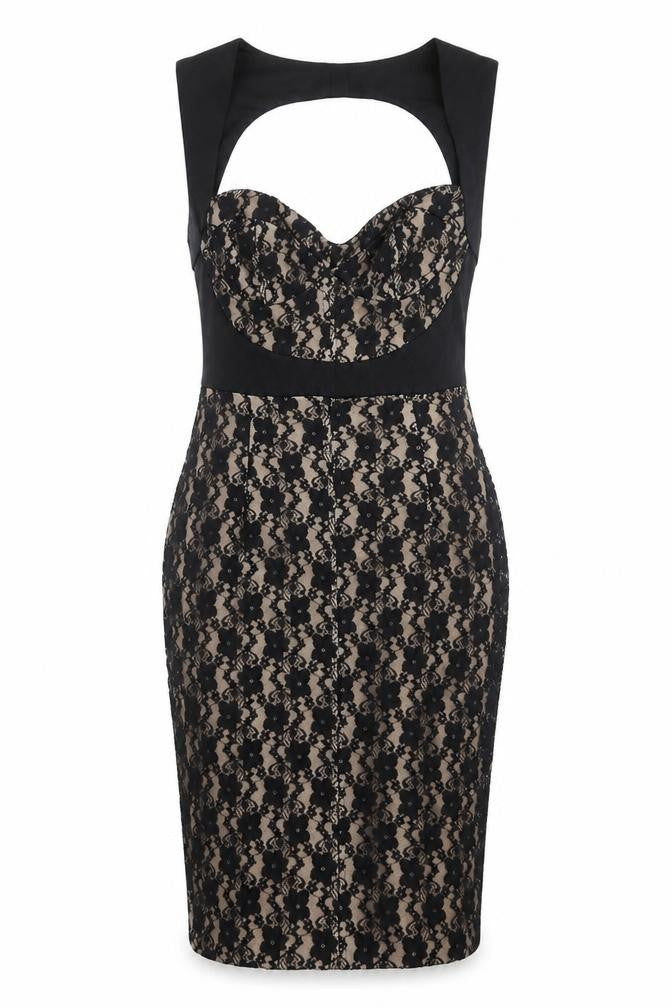Front view of ASOS women’s black geometric polyester shift, size UK 12, sweetheart zip