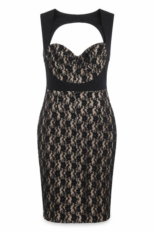 Front view of ASOS women’s black geometric polyester shift, size UK 12, sweetheart zip