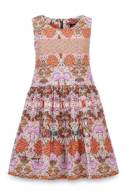 Front view of Topshop women’s multicoloured geometric viscose a-line, size UK 10, round neck zip