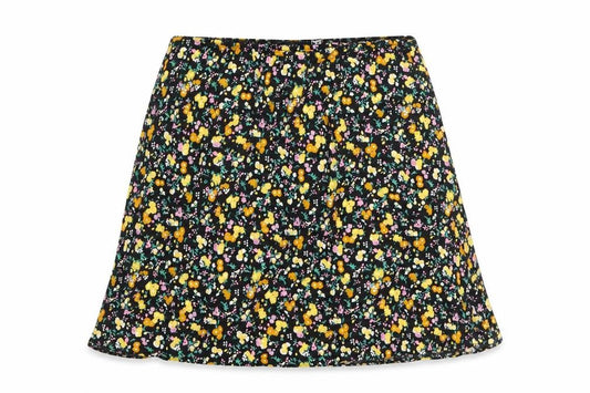 Front view of ASOS women’s black floral viscose skater skirt, size UK 8