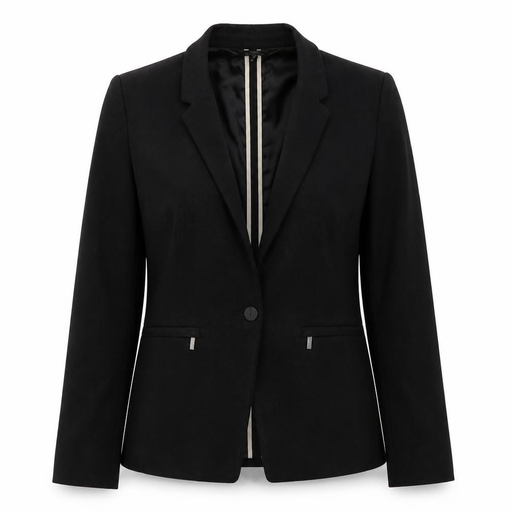 Front view of Next women’s black polyester jacket suit jacket, size UK 12