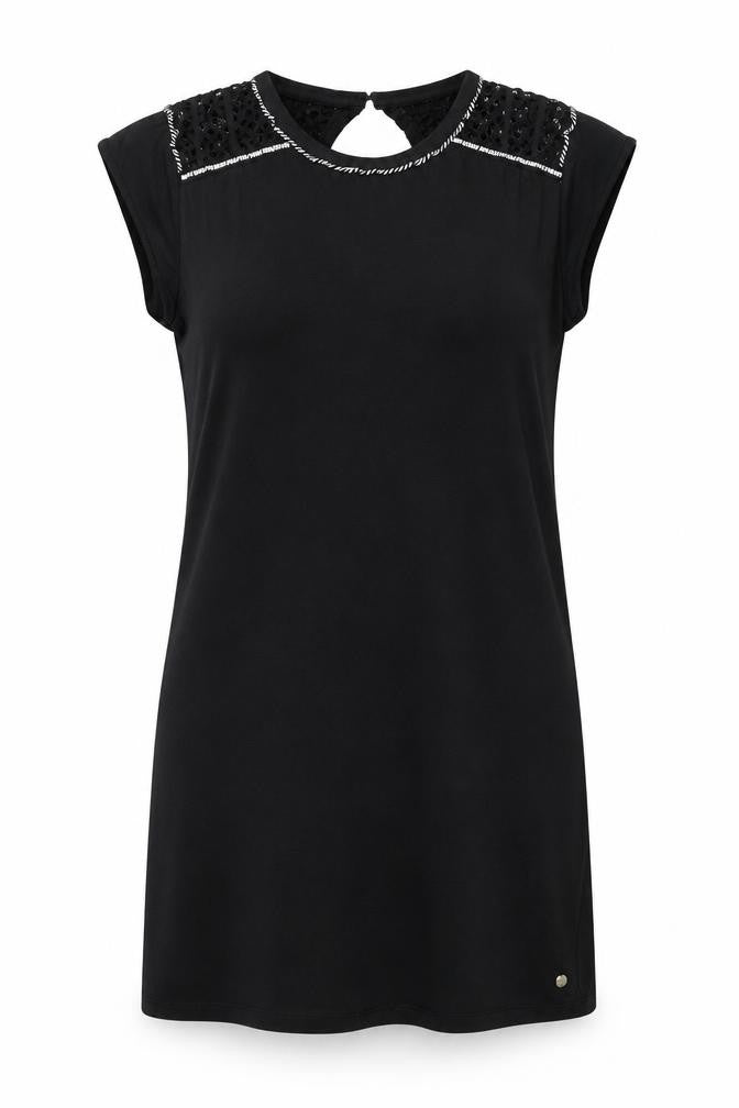 Front view of Garcia women’s black linen a-line, size L, round neck button
