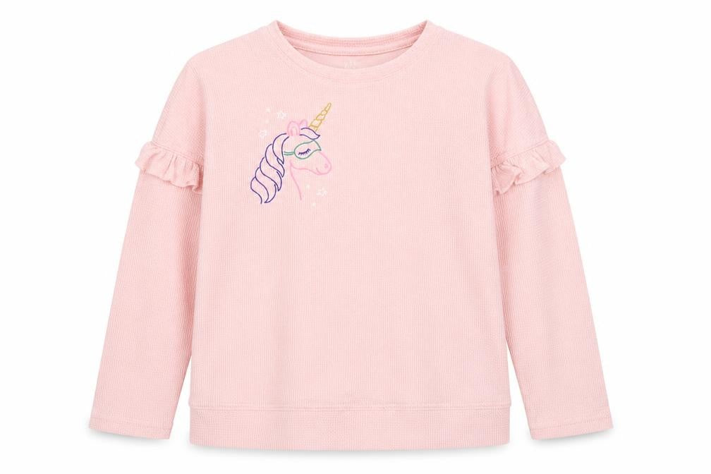Front view of Gap girls’ pink polyester pullover sweatshirt, size 13-14, years pullover - unicorn