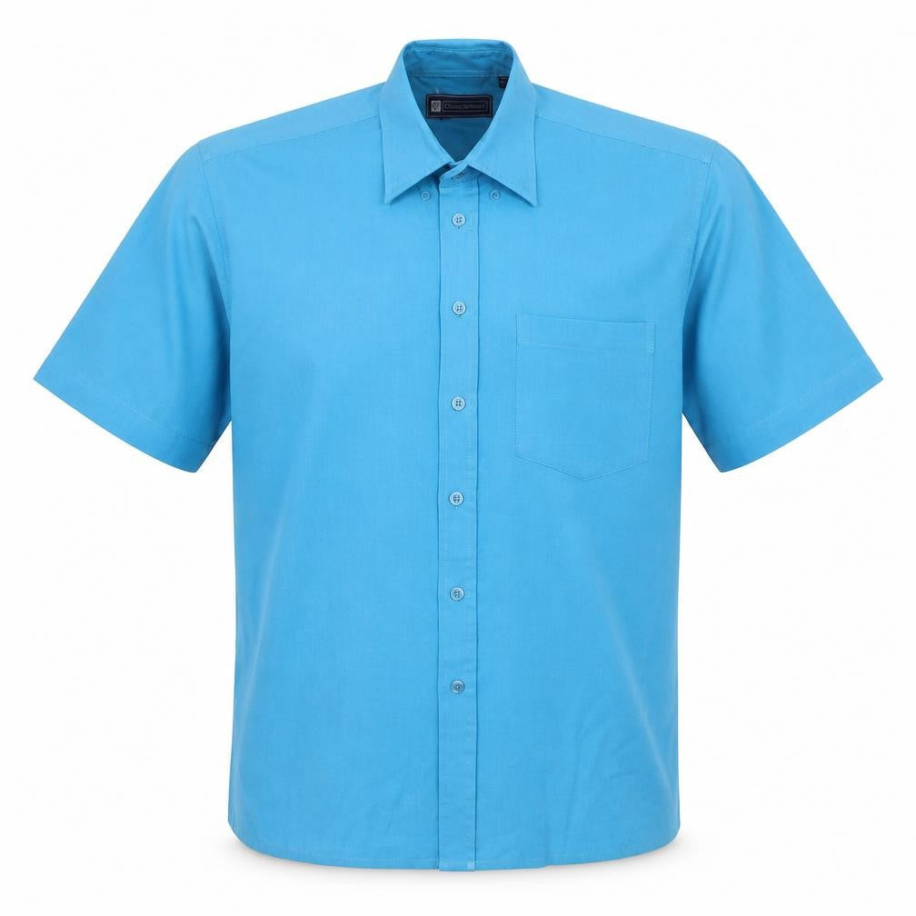 Front view of Casual Shirtings men’s blue polyester button-up, size L, collared button