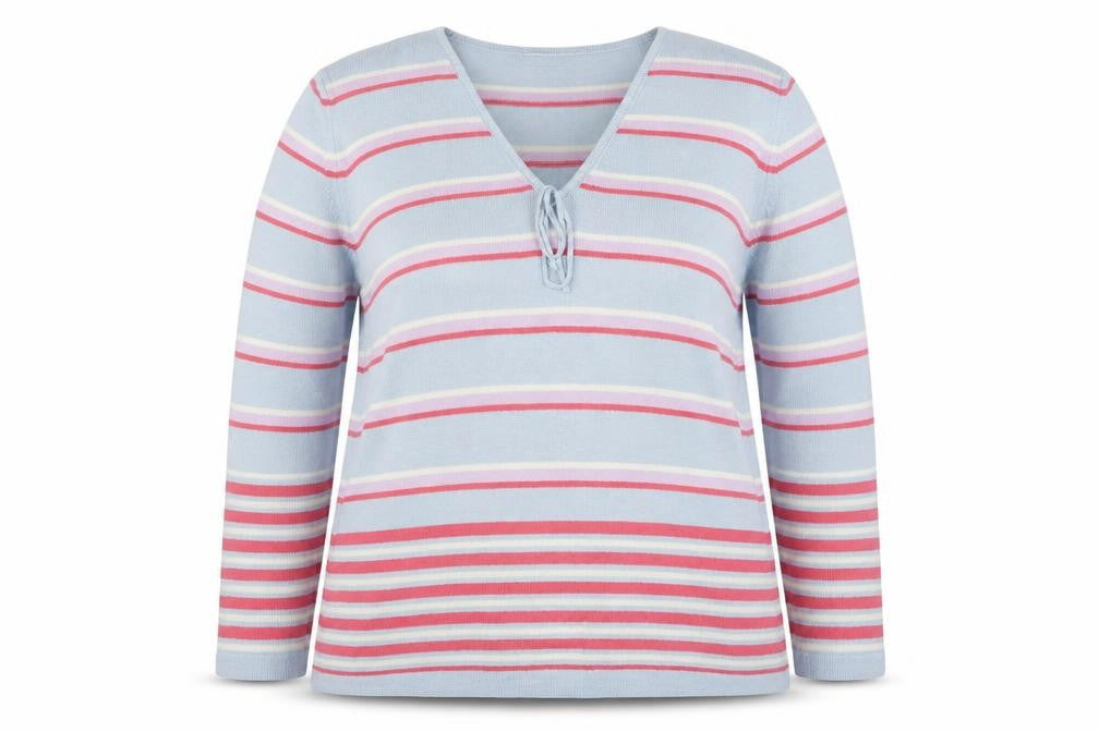 Front view of Marks & Spencer women’s multicoloured v-neck striped acrylic jumper, size UK 20