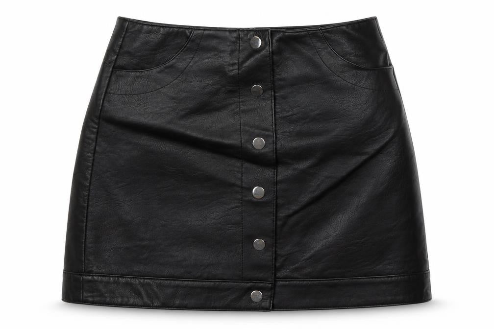 Front view of Topshop women’s black polyethylene a-line skirt, size UK 8, snap