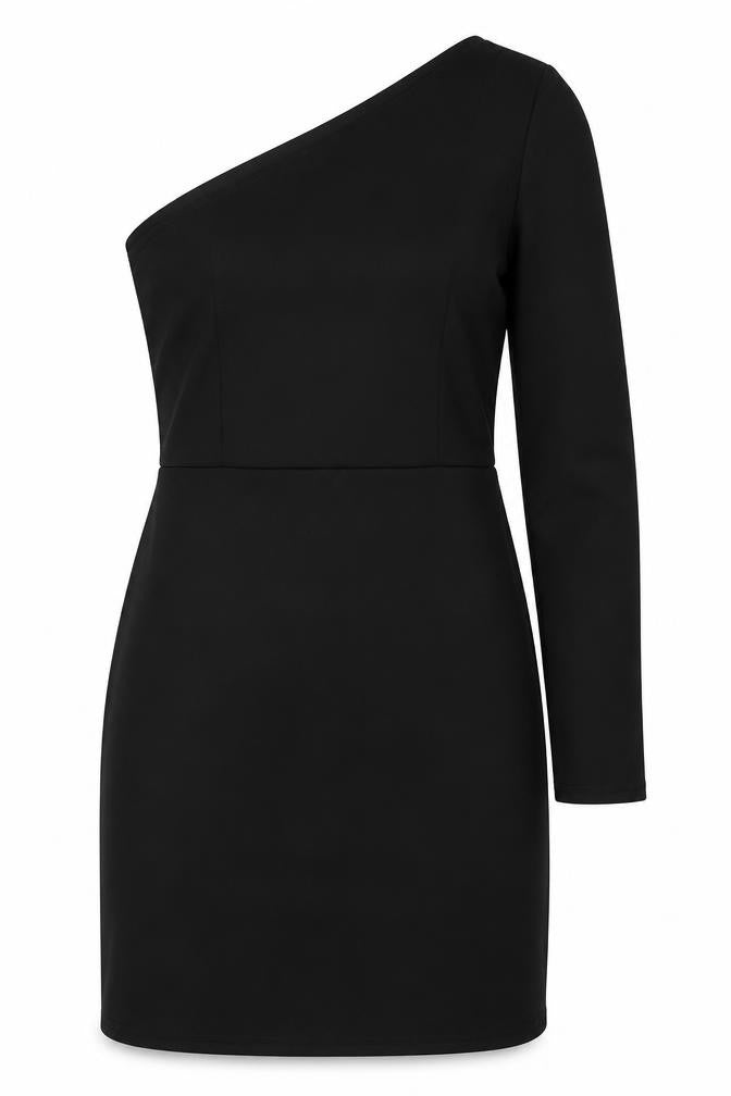 Front view of ASOS women’s black polyester mini, size UK 8, one shoulder pullover