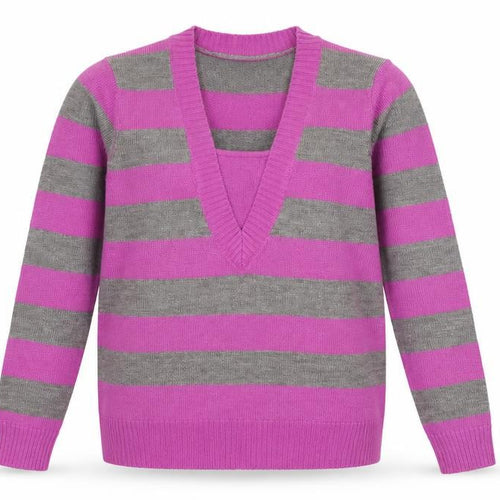 Carroll Reed Womens Purple V-Neck Striped Acrylic Pullover Jumper Size M