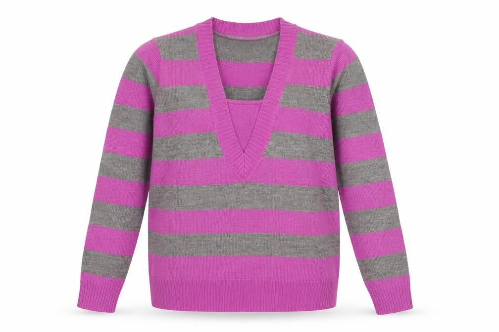 Carroll Reed Womens Purple V-Neck Striped Acrylic Pullover Jumper Size M