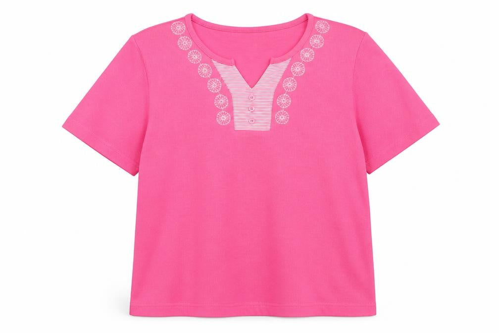 Front view of Bonmarché women’s pink v-neck polyester jumper, size L