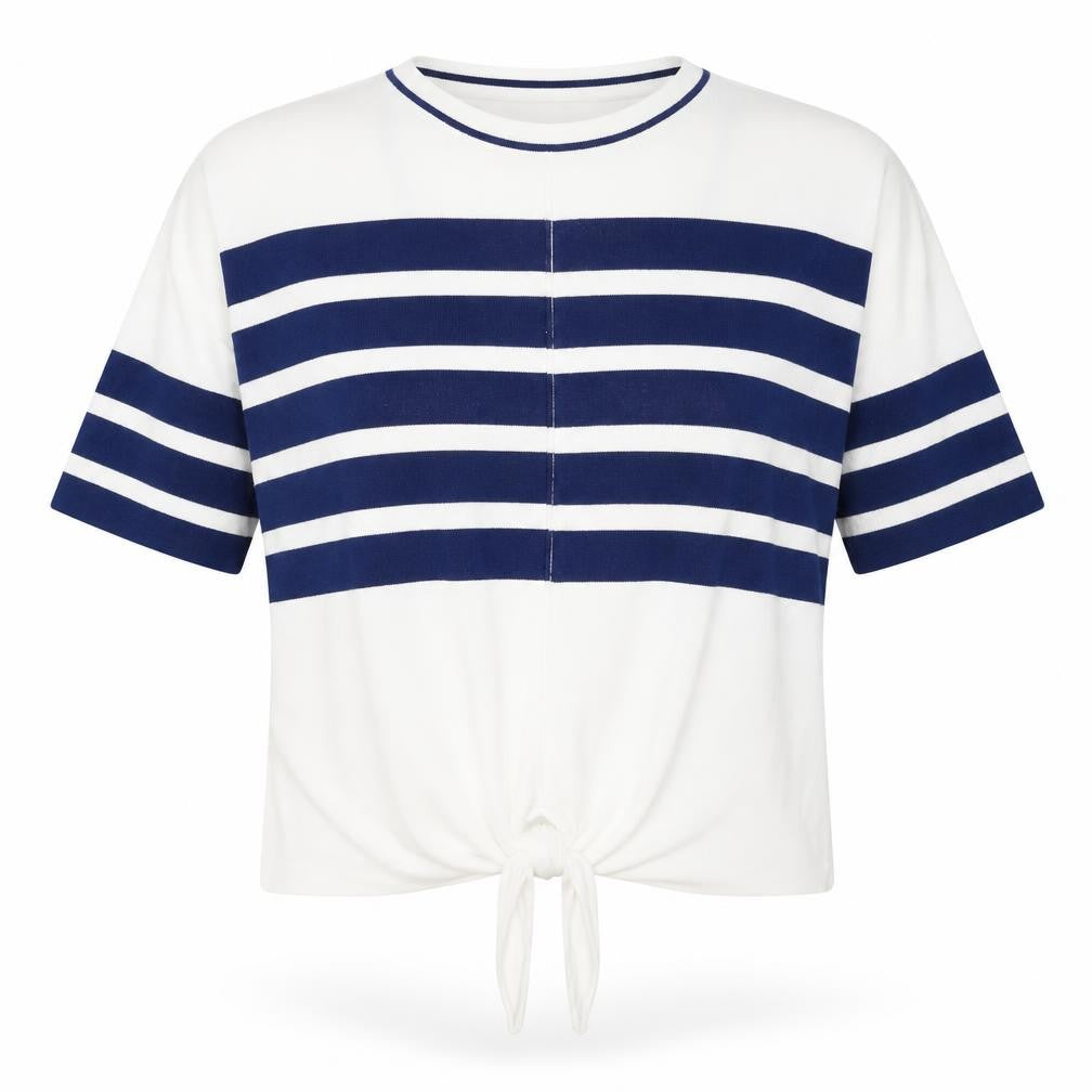 Front view of Marks & Spencer women’s white round neck striped cotton jumper, size S, - knot front