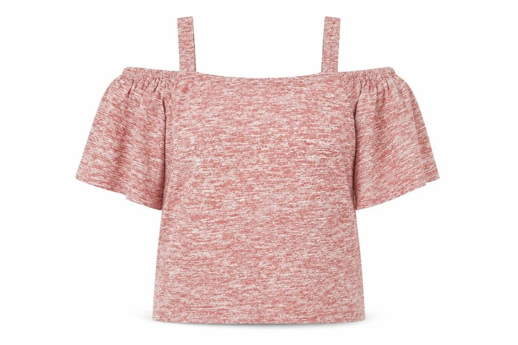 Front view of Klass women’s red viscose basic blouse, size S, off the shoulder