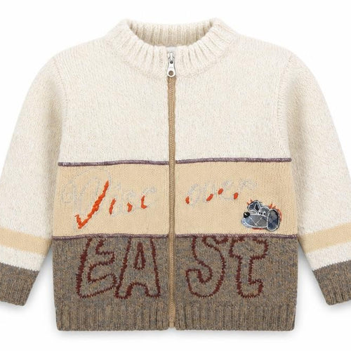 Plauso Boys Beige V-Neck Geometric Acetate Full Zip Jumper Size 7 Years Zip - Dog Print