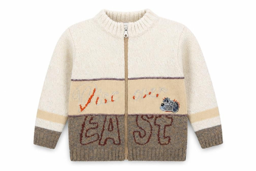 Plauso Boys Beige V-Neck Geometric Acetate Full Zip Jumper Size 7 Years Zip - Dog Print