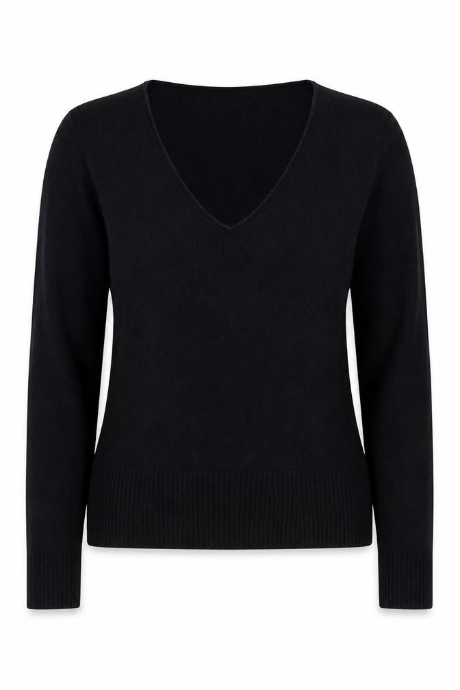 Front view of Internacionale women’s black round neck acrylic jumper, size UK 10