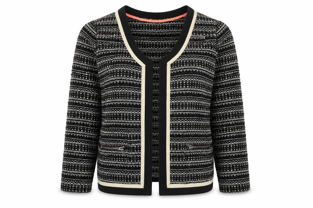 Front view of Next women’s black scoop neck striped polyester cardigan jumper, size UK 8